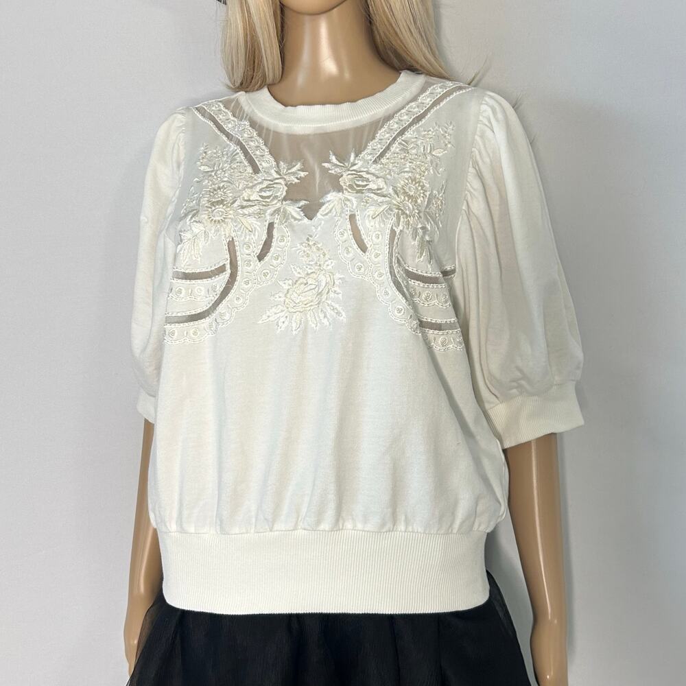Anthropologie Embroidered Mesh Yoke Puff Sleeve Sweatshirt Top Women’s Medium